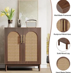 Sideboard Buffet Set of 2, Accent Rattan Storage Cabinet with Doors