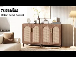 Sideboard Buffet Set of 2, Accent Rattan Storage Cabinet with Doors