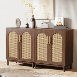 Sideboard Buffet Set of 2, Accent Rattan Storage Cabinet with Doors