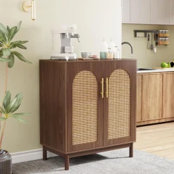 Sideboard Buffet Set of 2, Accent Rattan Storage Cabinet with Doors
