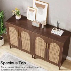 Sideboard Buffet Set of 2, Accent Rattan Storage Cabinet with Doors