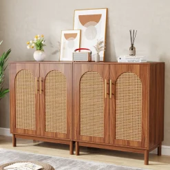 Sideboard Buffet Set of 2, Accent Rattan Storage Cabinet with Doors
