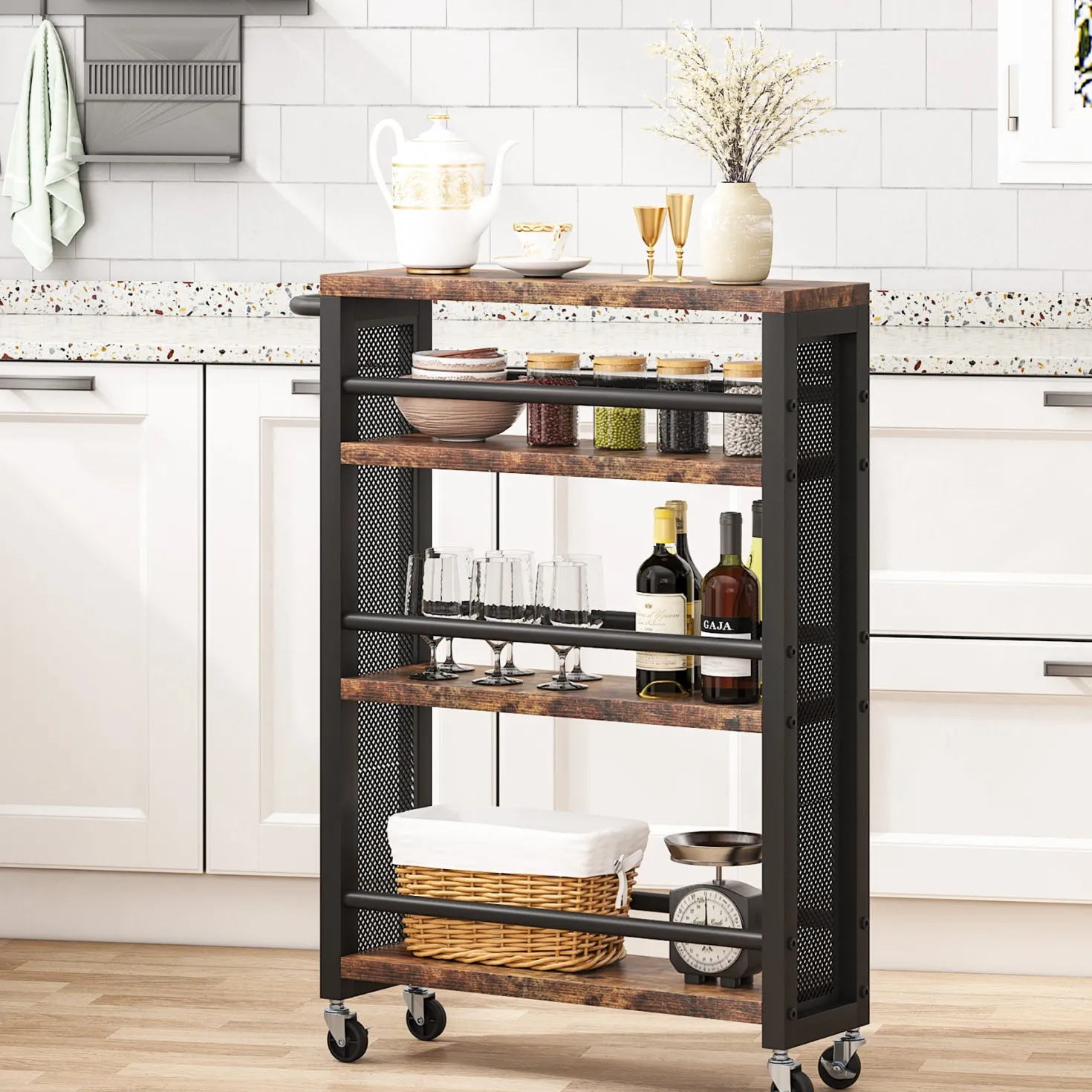 Slim Kitchen Cart, 4-Tier Storage Rolling Cart with Handle