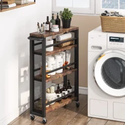 Slim Kitchen Cart, 4-Tier Storage Rolling Cart with Handle