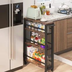 Slim Kitchen Cart, 4-Tier Storage Rolling Cart with Handle