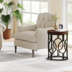 Small Round End Table, Industrial Metal Frame Side Table for Living Room & Bedroom