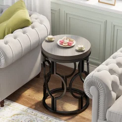 Small Round End Table, Industrial Metal Frame Side Table for Living Room & Bedroom