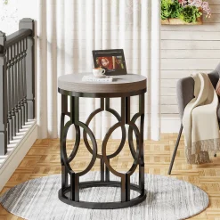 Small Round End Table, Industrial Metal Frame Side Table for Living Room & Bedroom