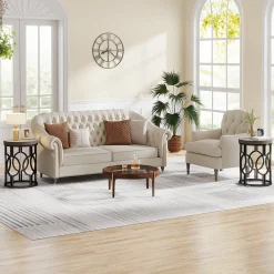 Small Round End Table, Industrial Metal Frame Side Table for Living Room & Bedroom