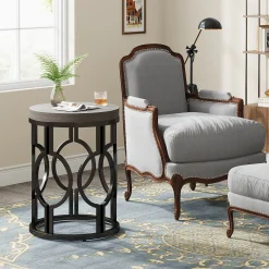 Small Round End Table, Industrial Metal Frame Side Table for Living Room & Bedroom