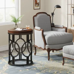 Small Round End Table, Industrial Metal Frame Side Table for Living Room & Bedroom