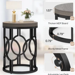 Small Round End Table, Industrial Metal Frame Side Table for Living Room & Bedroom