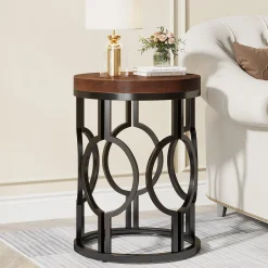 Small Round End Table, Industrial Metal Frame Side Table for Living Room & Bedroom