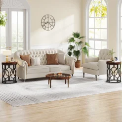Small Round End Table, Industrial Metal Frame Side Table for Living Room & Bedroom