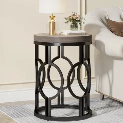 Small Round End Table, Industrial Metal Frame Side Table for Living Room & Bedroom