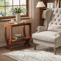 Solid Wood End Table, 2-Tier Couch Side Table with Arched Legs