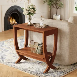 Solid Wood End Table, 2-Tier Couch Side Table with Arched Legs