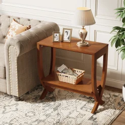 Solid Wood End Table, 2-Tier Couch Side Table with Arched Legs