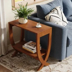 Solid Wood End Table, 2-Tier Couch Side Table with Arched Legs