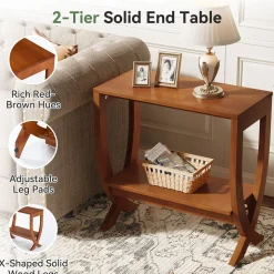 Solid Wood End Table, 2-Tier Couch Side Table with Arched Legs