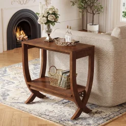 Solid Wood End Table, 2-Tier Couch Side Table with Arched Legs