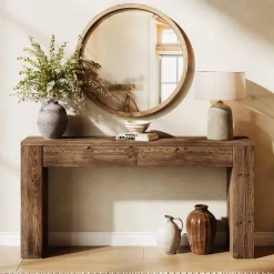 Solid Wood 63" Console Table with Hidden Storage Drawers, Sofa Table Behind Couch