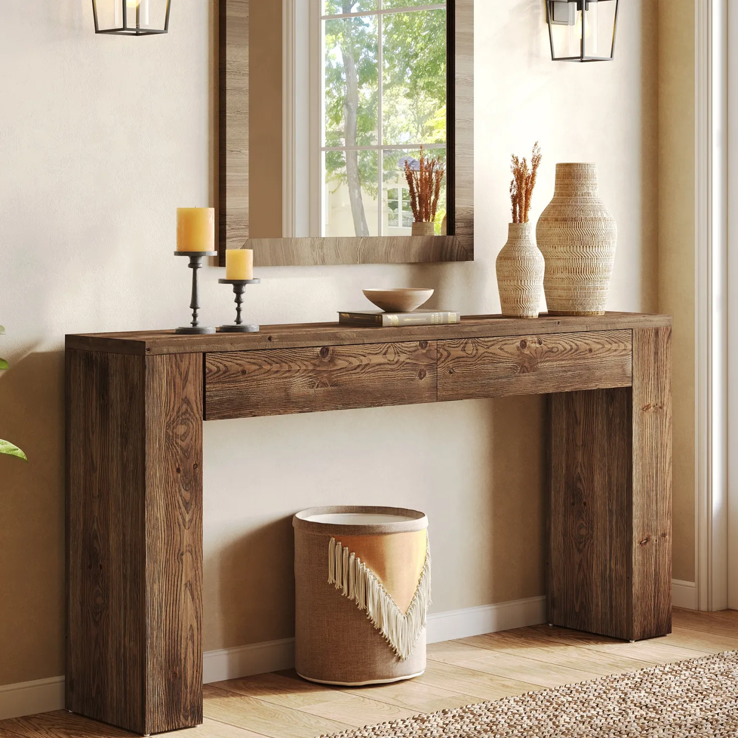 Solid Wood 63" Console Table with Hidden Storage Drawers, Sofa Table Behind Couch