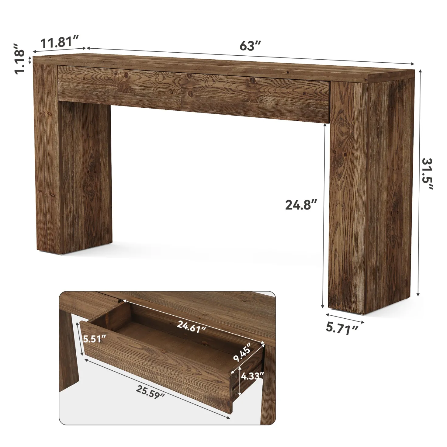 Solid Wood 63" Console Table with Hidden Storage Drawers, Sofa Table Behind Couch