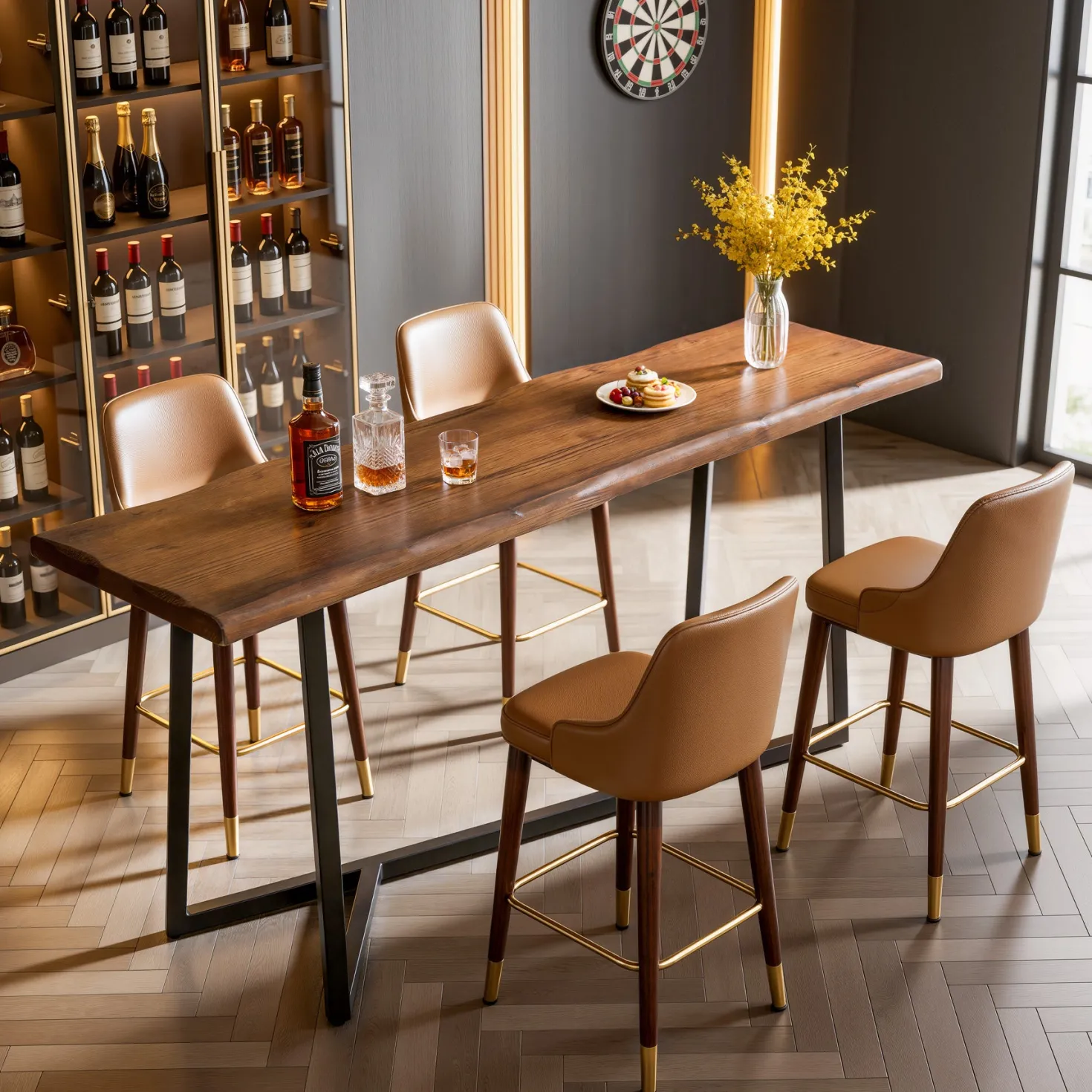 Solid Wood Bar Table, 63" Counter Height Pub Table with Sturdy Metal Frame