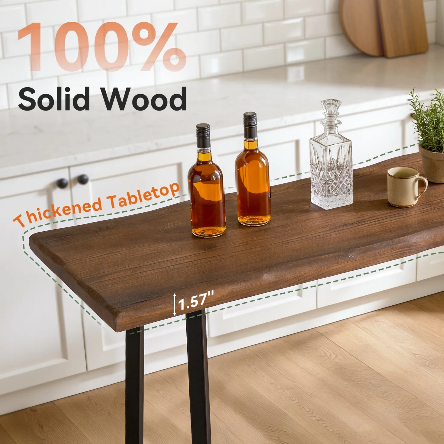 Solid Wood Bar Table, 63" Counter Height Pub Table with Sturdy Metal Frame