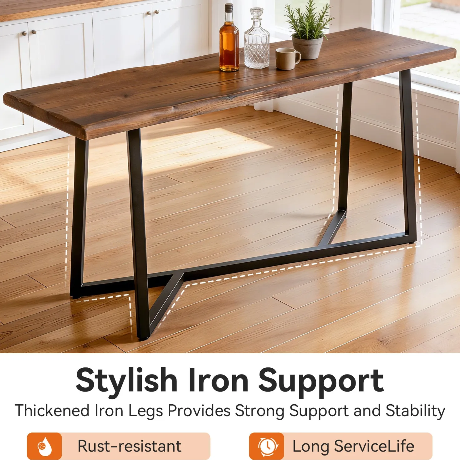 Solid Wood Bar Table, 63" Counter Height Pub Table with Sturdy Metal Frame