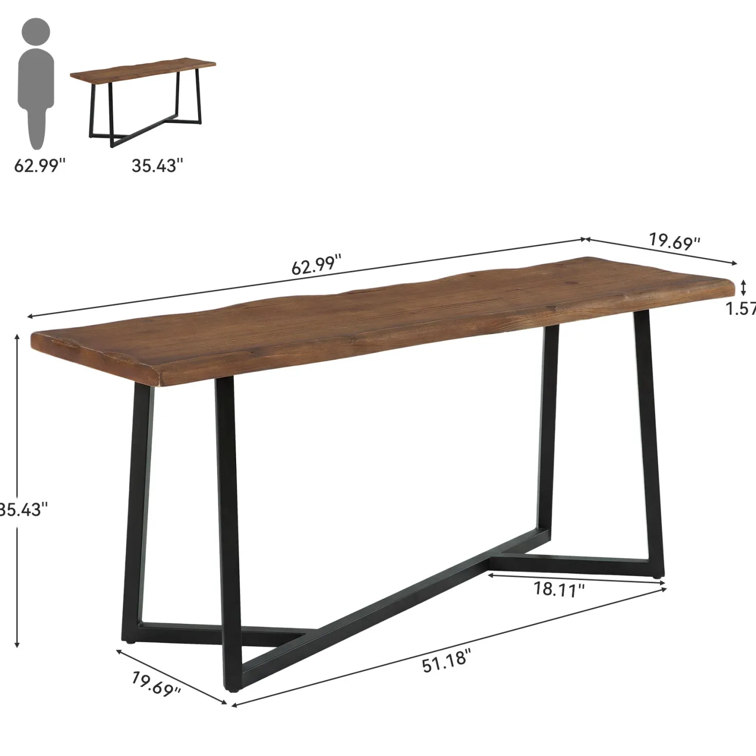 Solid Wood Bar Table, 63" Counter Height Pub Table with Sturdy Metal Frame