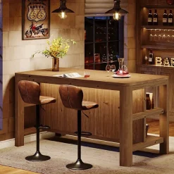 Solid Wood Bar Table, 63" Counter Height Pub Table with Storage Shelves
