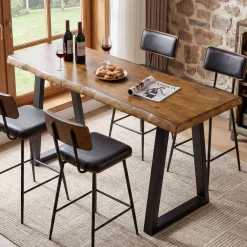 Solid Wood Bar Table, 63” Counter Height Table with Metal Legs for Kitchen