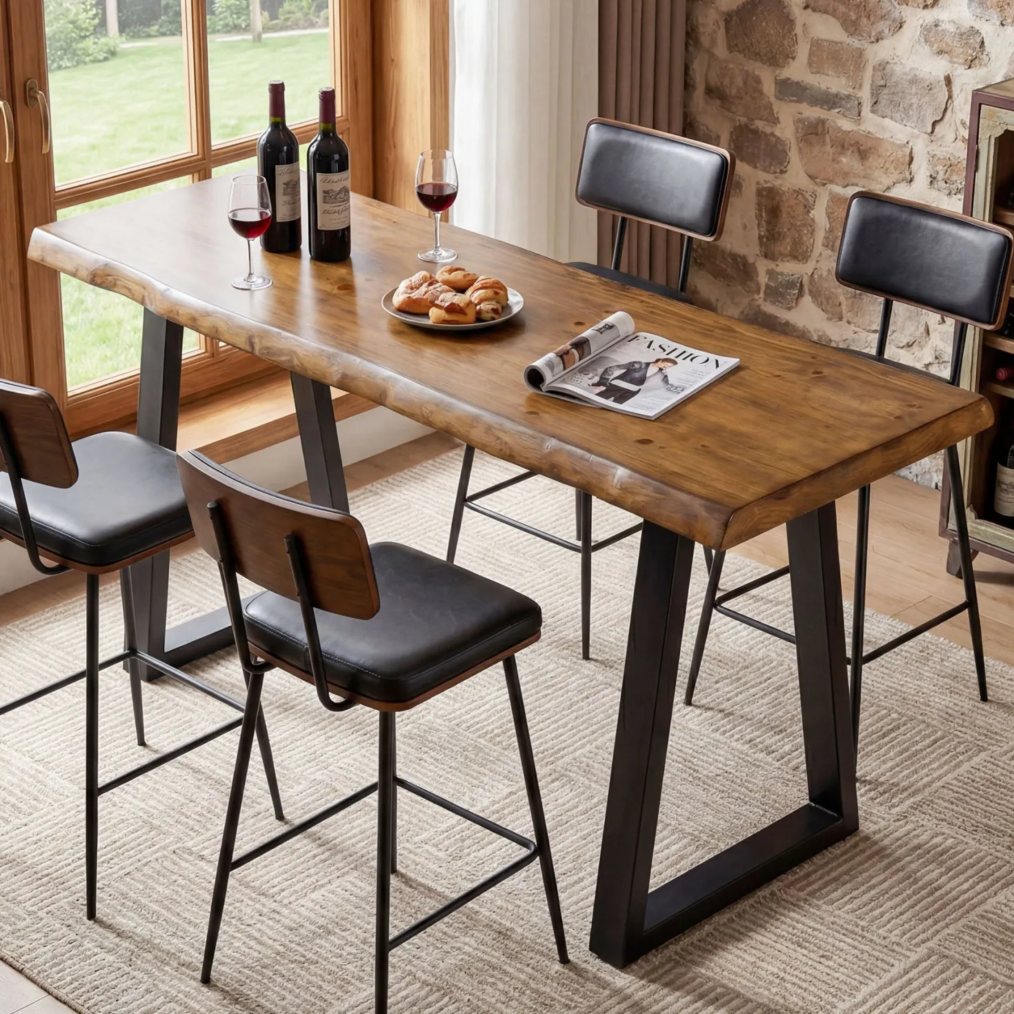 Solid Wood Bar Table, 63” Counter Height Table with Metal Legs for Kitchen