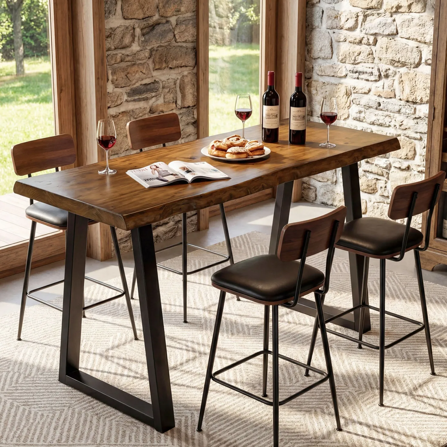Solid Wood Bar Table, 63” Counter Height Table with Metal Legs for Kitchen