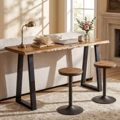 Solid Wood Bar Table, 63” Counter Height Table with Metal Legs for Kitchen