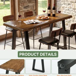 Solid Wood Bar Table, 63” Counter Height Table with Metal Legs for Kitchen