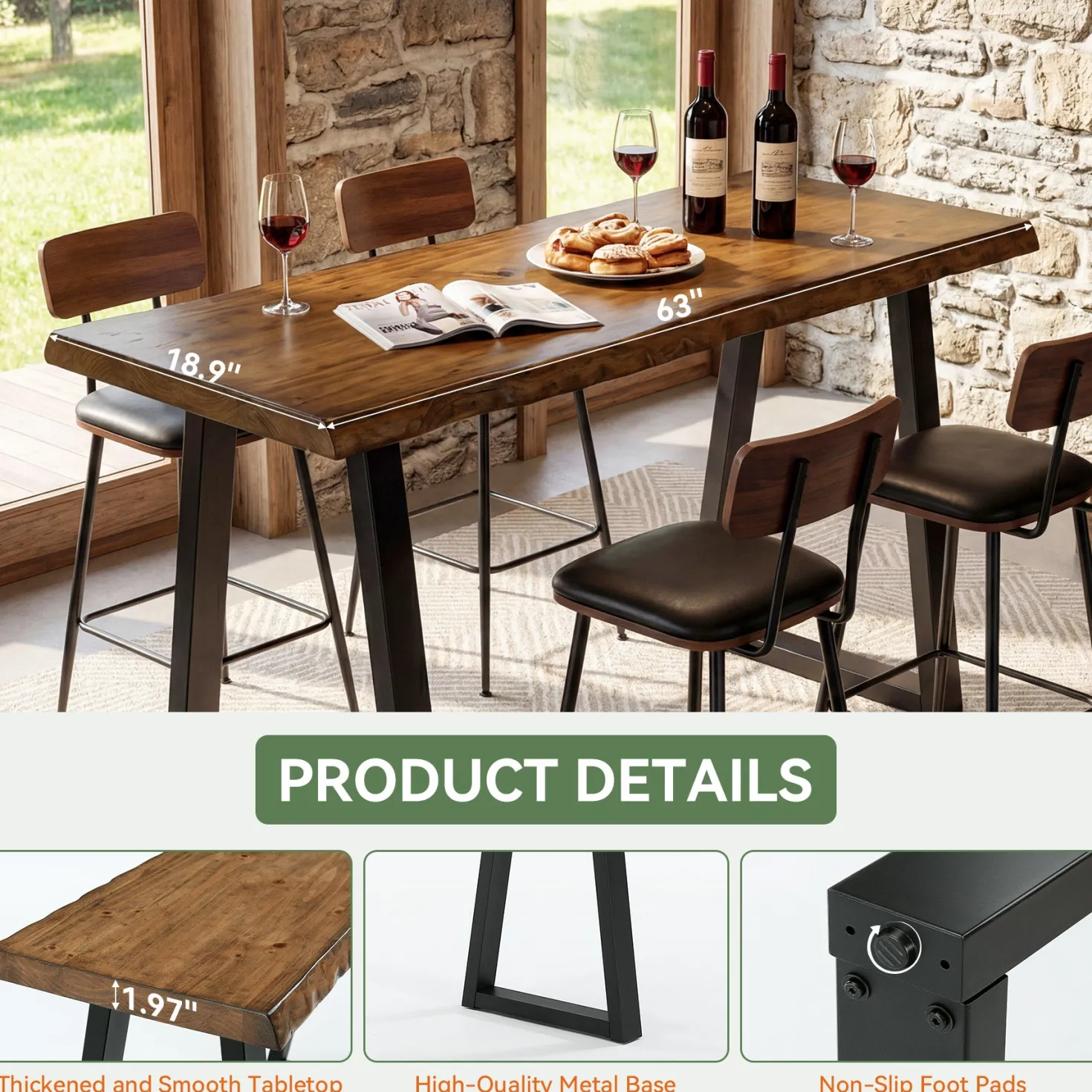 Solid Wood Bar Table, 63” Counter Height Table with Metal Legs for Kitchen