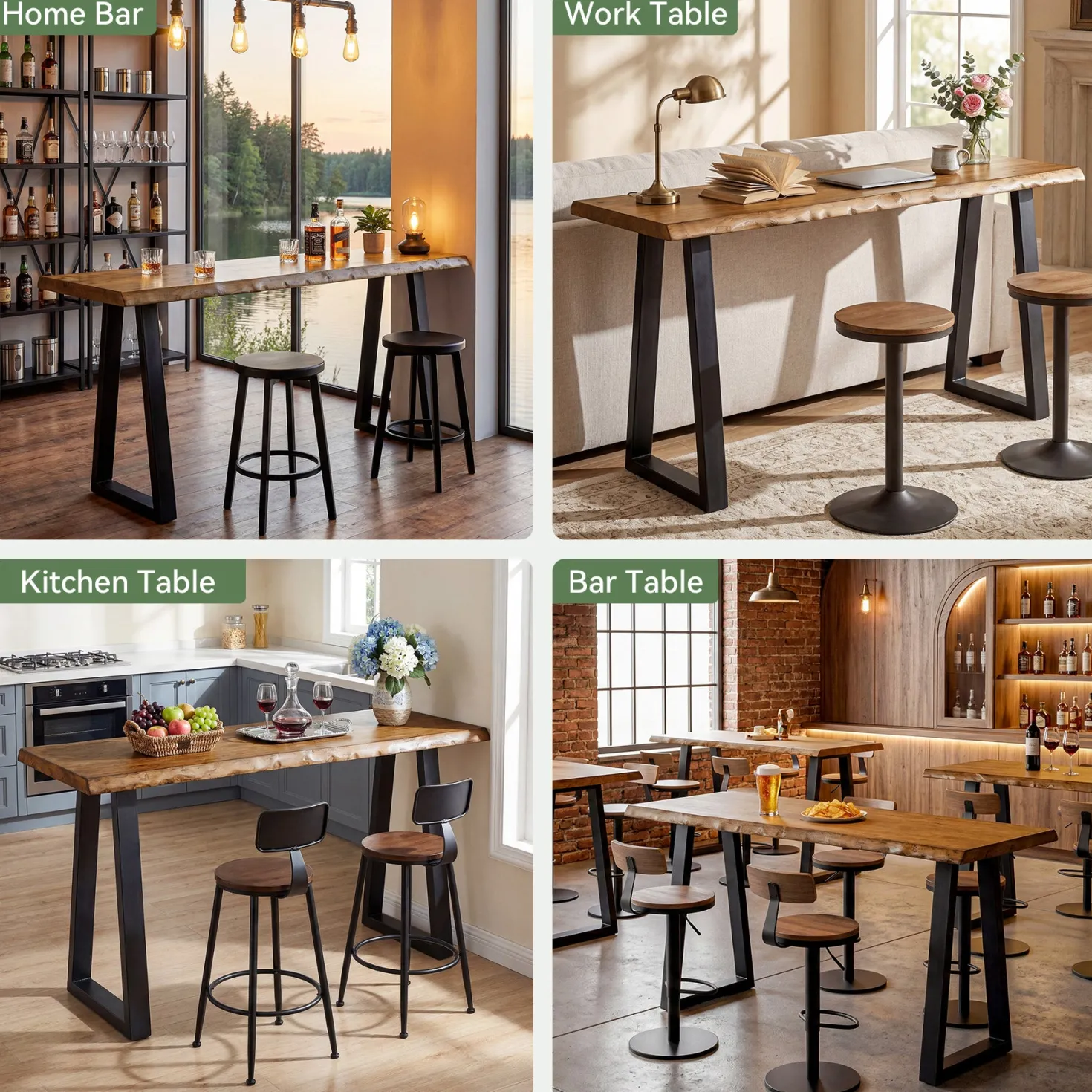Solid Wood Bar Table, 63” Counter Height Table with Metal Legs for Kitchen