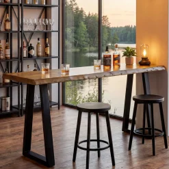 Solid Wood Bar Table, 63” Counter Height Table with Metal Legs for Kitchen