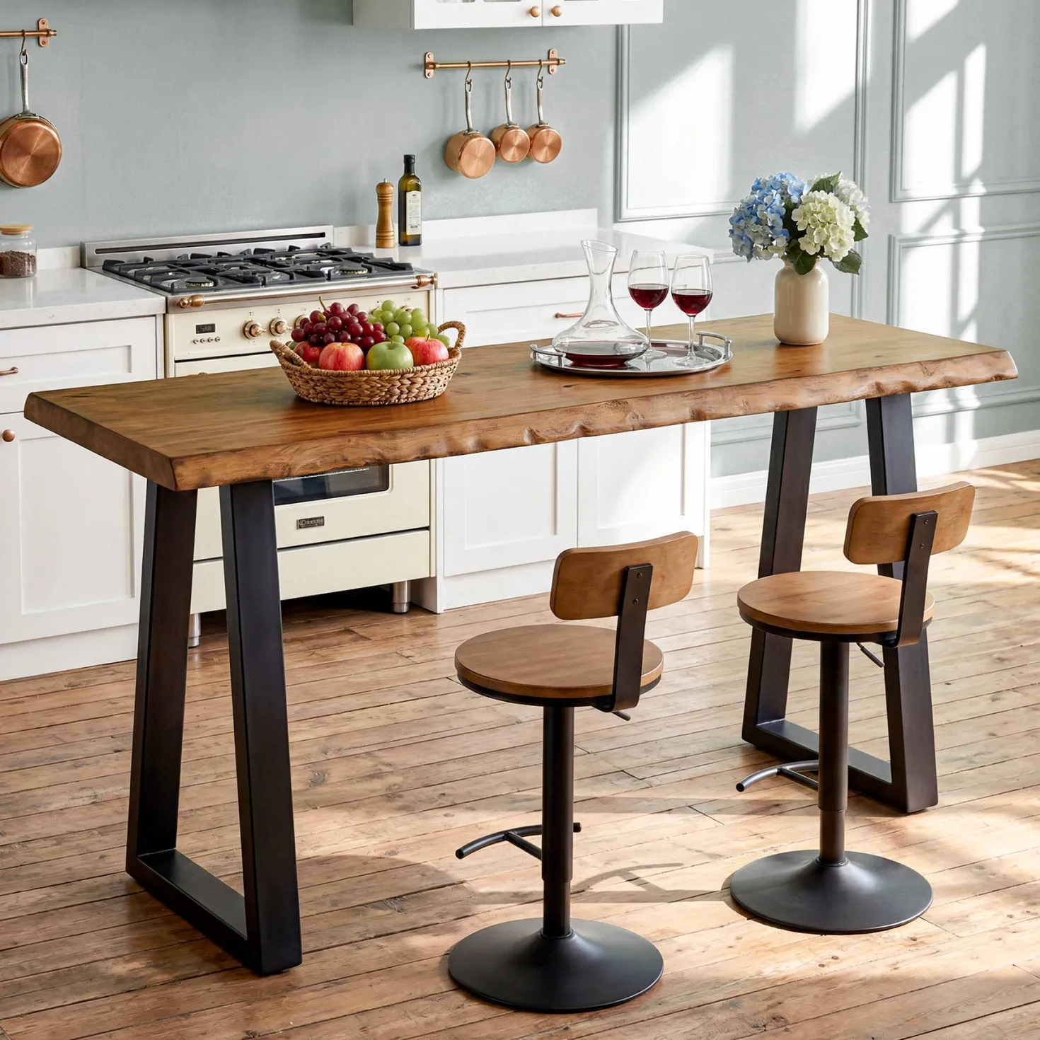 Solid Wood Bar Table, 63” Counter Height Table with Metal Legs for Kitchen