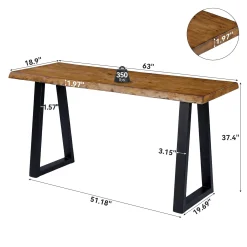 Solid Wood Bar Table, 63” Counter Height Table with Metal Legs for Kitchen