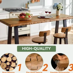 Solid Wood Bar Table, 63” Counter Height Table with Metal Legs for Kitchen
