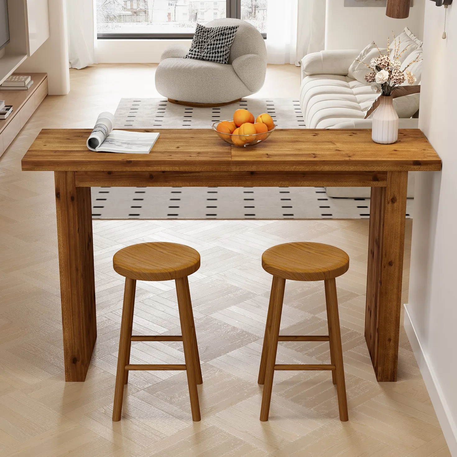 Solid Wood Bar Table, 63" Counter Height Pub Table with Sturdy Base