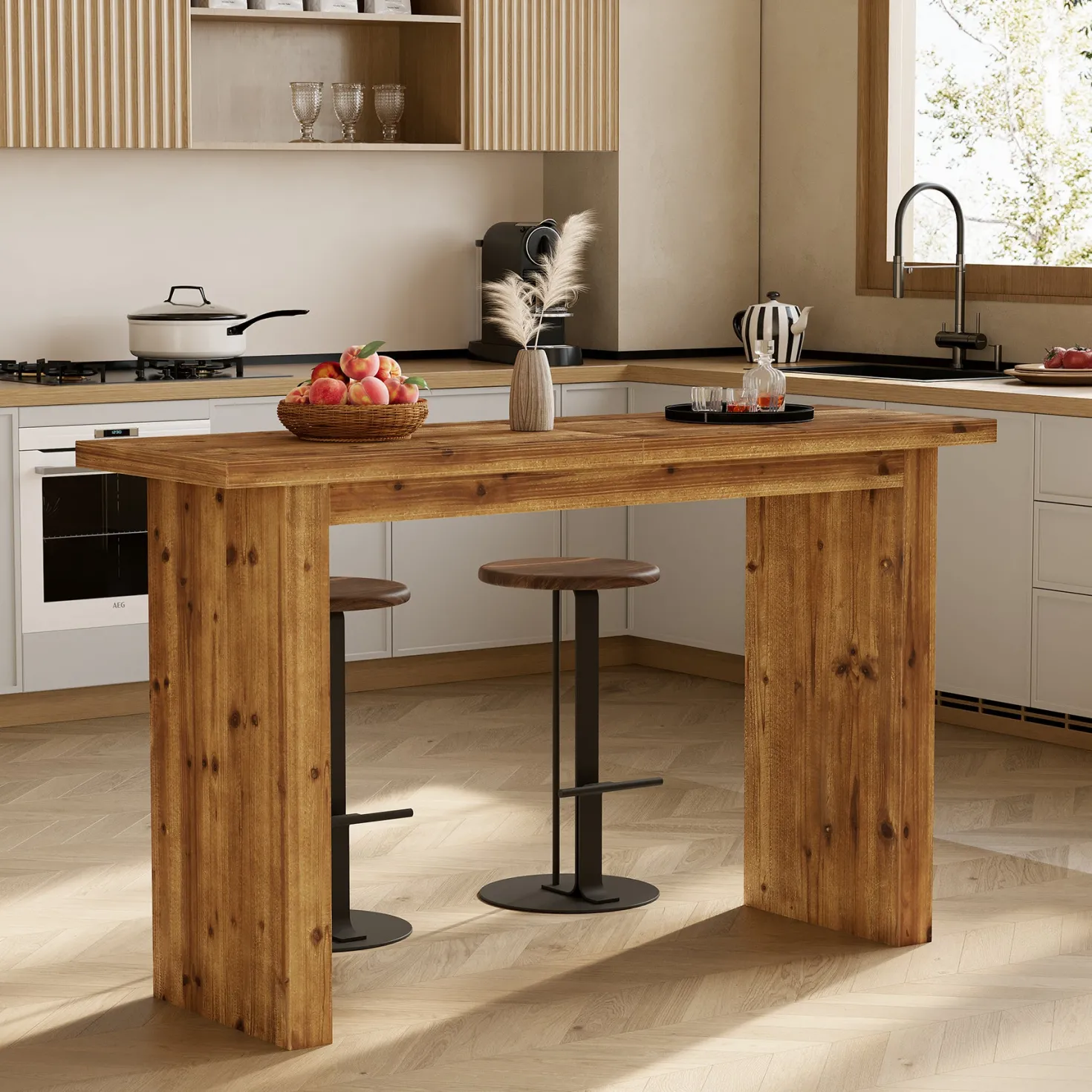 Solid Wood Bar Table, 63" Counter Height Pub Table with Sturdy Base