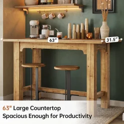 Solid Wood Bar Table, 63" Dining Table Counter Height Pub Table