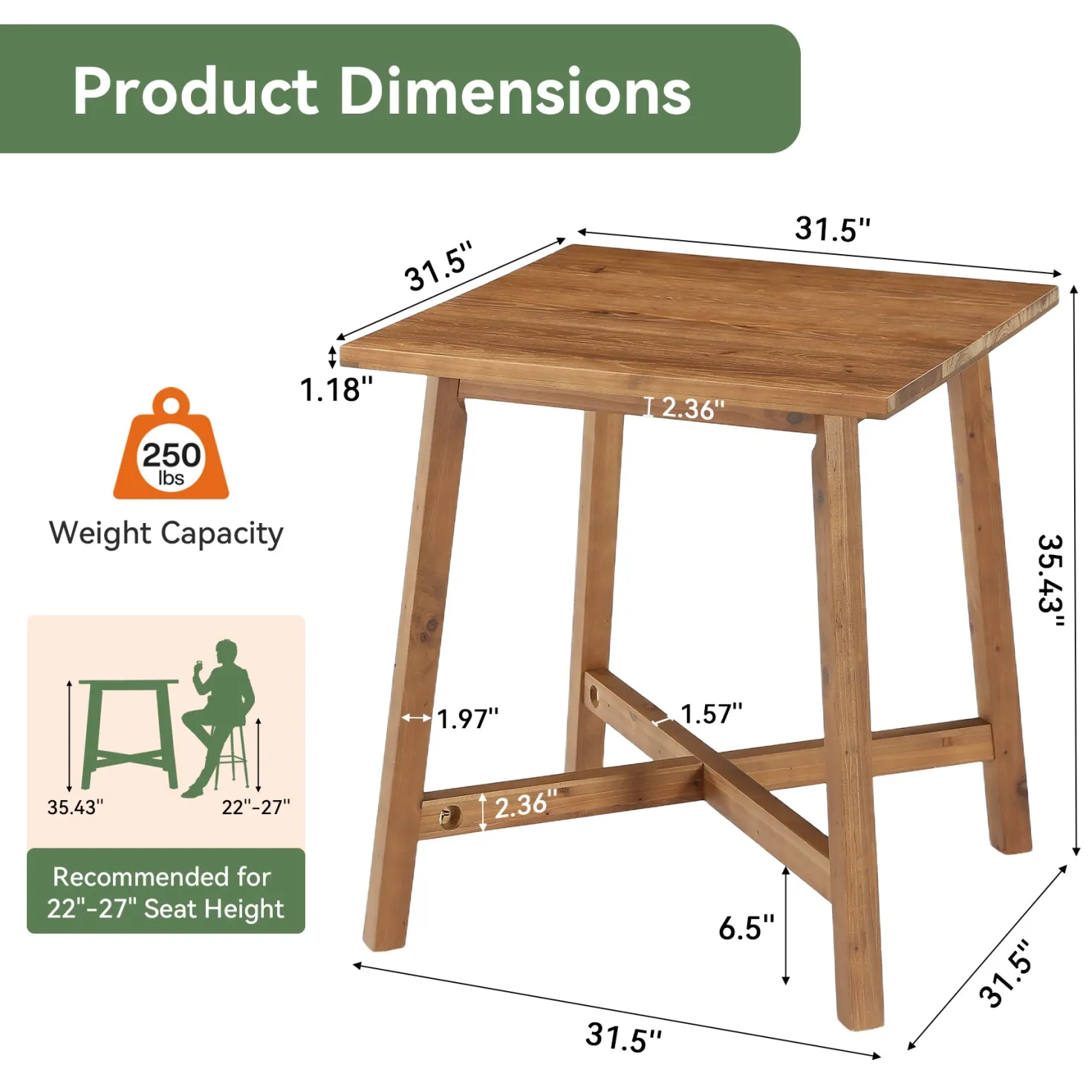 Solid Wood Bar Table, 31.5" Square Counter Height Pub Bistro Table with Footrest