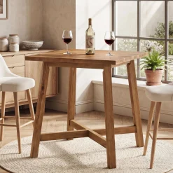 Solid Wood Bar Table, 31.5" Square Counter Height Pub Bistro Table with Footrest