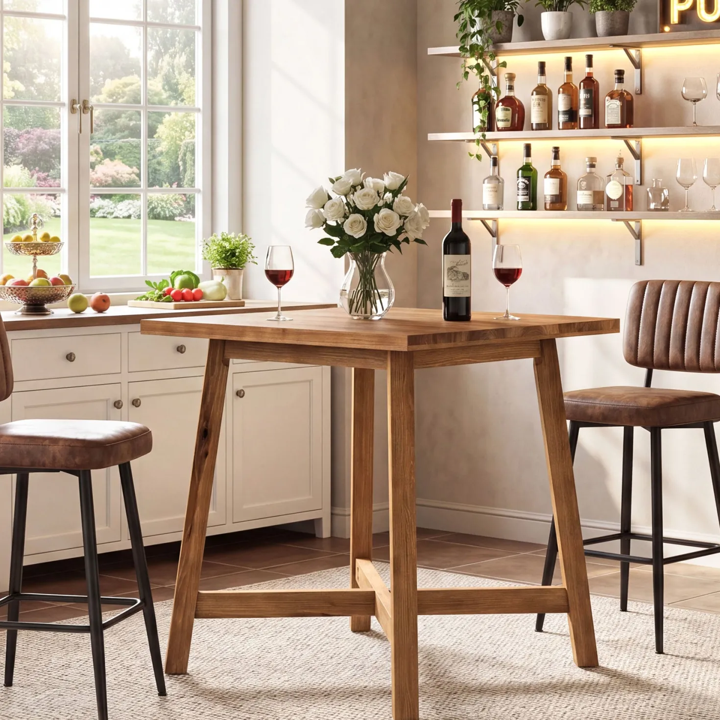 Solid Wood Bar Table, 31.5" Square Counter Height Pub Bistro Table with Footrest